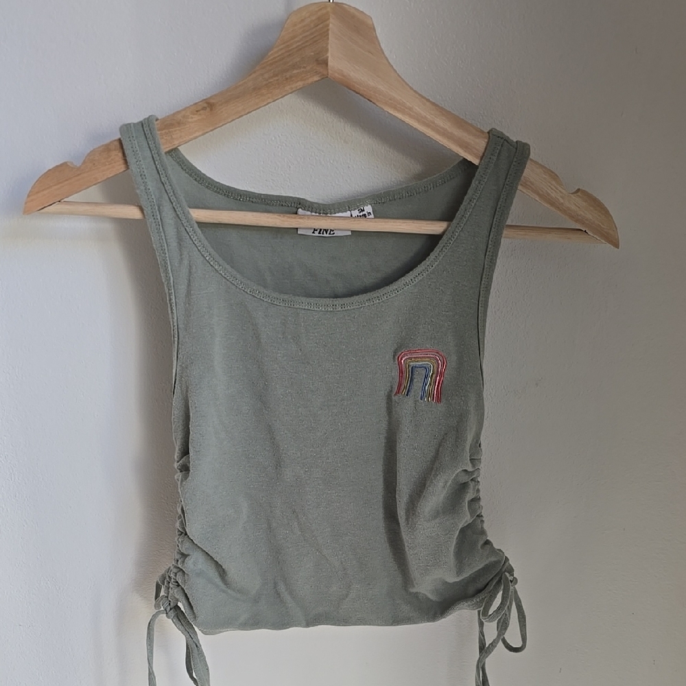 Mighty Fine Sage Green Cropped Tank Top with Rainbow Detail Ties On Sides Sz Sm